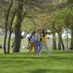 Beloit students stroll across the park-like campus at Beloit College.