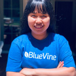 Chamnan Suon’22 promoting her internship site with a BlueVine t-shirt.