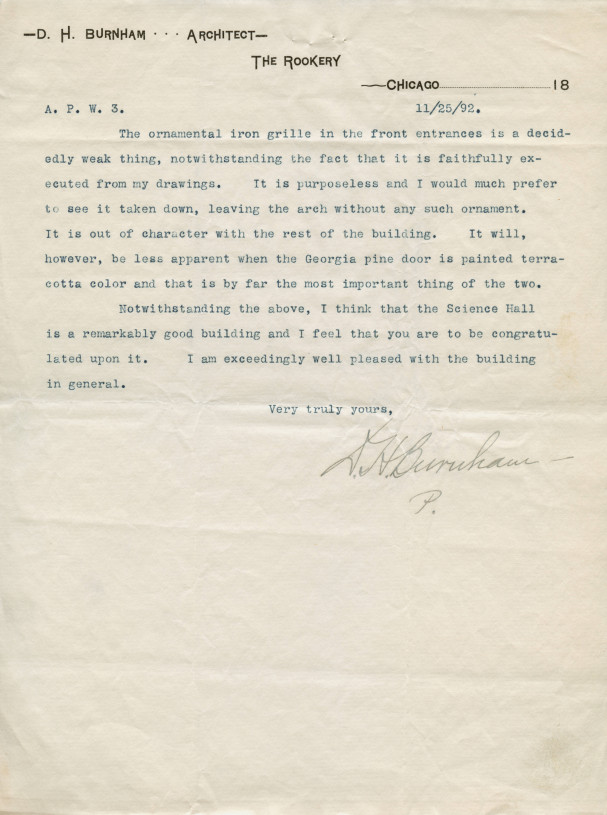 丹尼尔H.Burnham在Pearsons Hall上的信