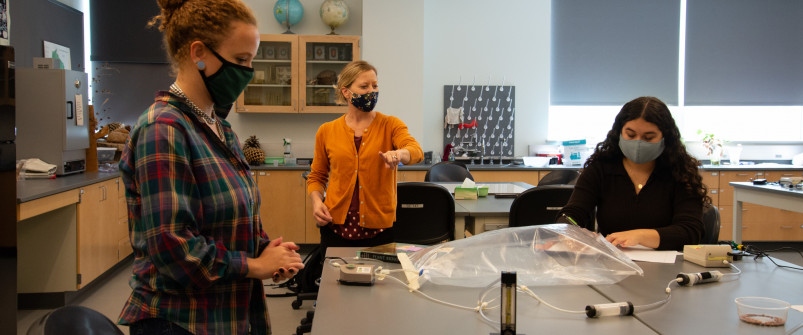 在适当的距离和清洁下，学生们继续在实验室里动手学习。