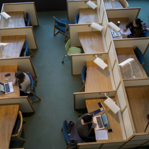 学生们在莫尔斯图书馆的小隔间里努力学习。