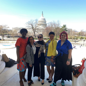 Martu Kollie’23, Shruthi Chandrasekar’23, Veeka Malanchuk’24, Autumn Green’24, and Magali Gray’24 take a break from their lobbying conference to take a photo outside the Capitol.