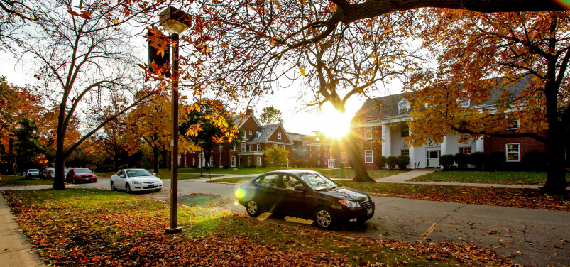 秋天叶子在Beloi上的大学街道上添加颜色和佛罗里斯和兄弟街的房子......