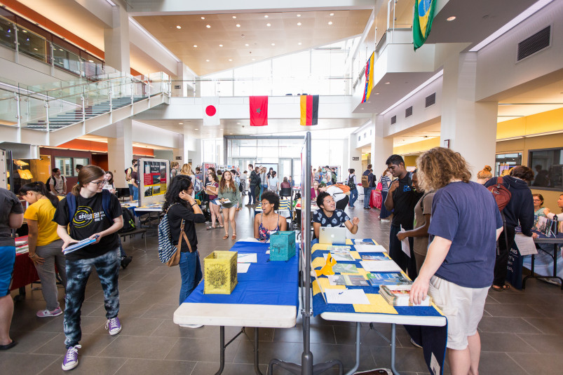 The annual Off-Campus Studies Fair features many information booths about study abroad and domestic off-campus study options for students.