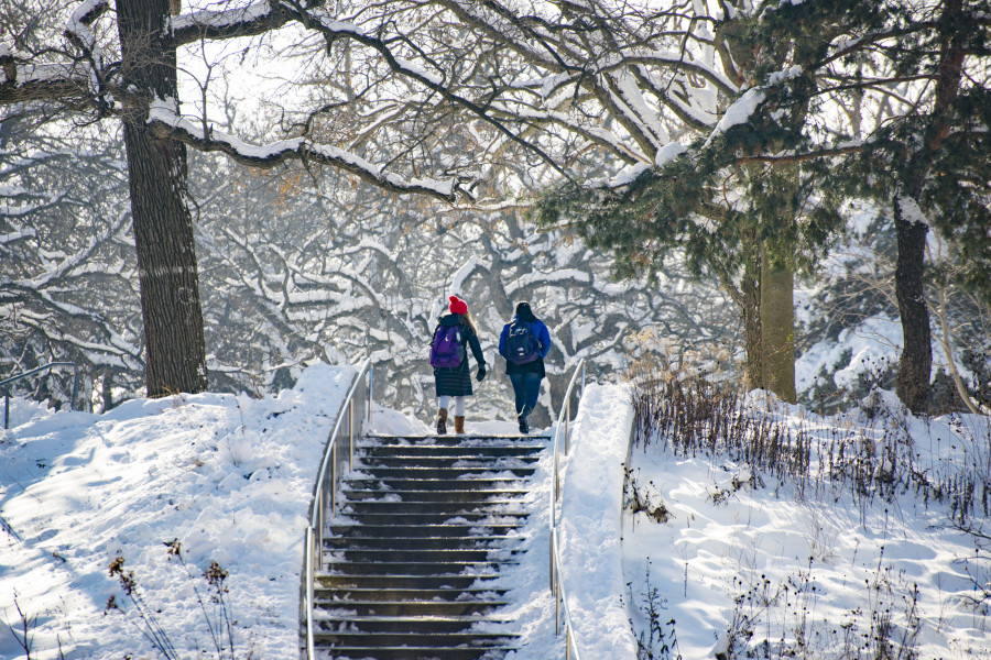 在贝洛伊特学院的校园里，两名学生爬上一段被雪覆盖的楼梯。