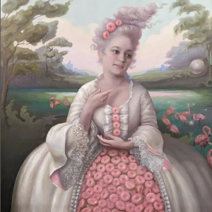 芝加哥艺术家莉亚·米切尔(Leah Mitchell)在2023年的Beloit & Vicinity展览上获得了最高荣誉，她顽皮地重新想象了一位年轻的法国甜甜圈女王(又名玛丽·安多奈特(Marie Andoughnette))，从头到脚都装饰着甜甜圈。