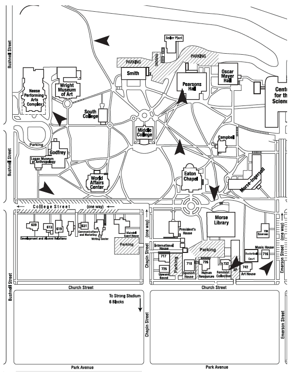 贝洛伊特学院校园南半部的地图，标明了紧急电话的位置。
