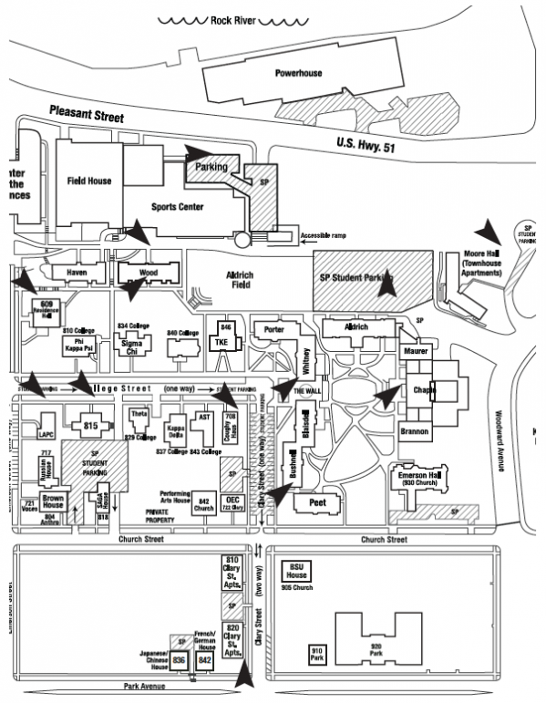 贝洛伊特学院校园北半部的地图，标明了紧急电话的位置。