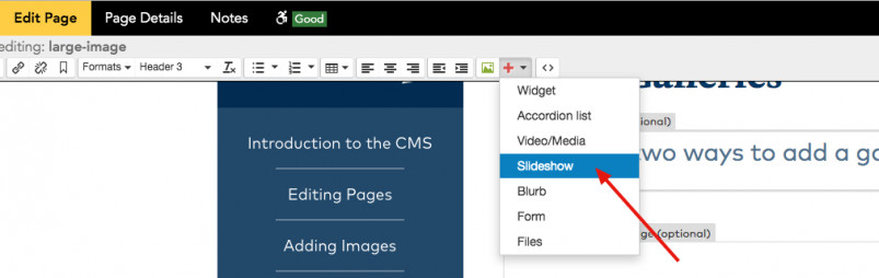 使用页面编辑器工具栏添加一个图库。