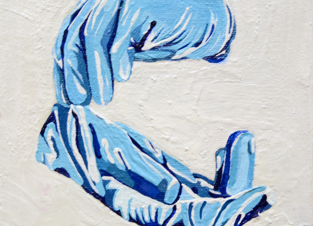 艺术由eva haykin描绘手放的手放在蓝色外科医生的手套上。