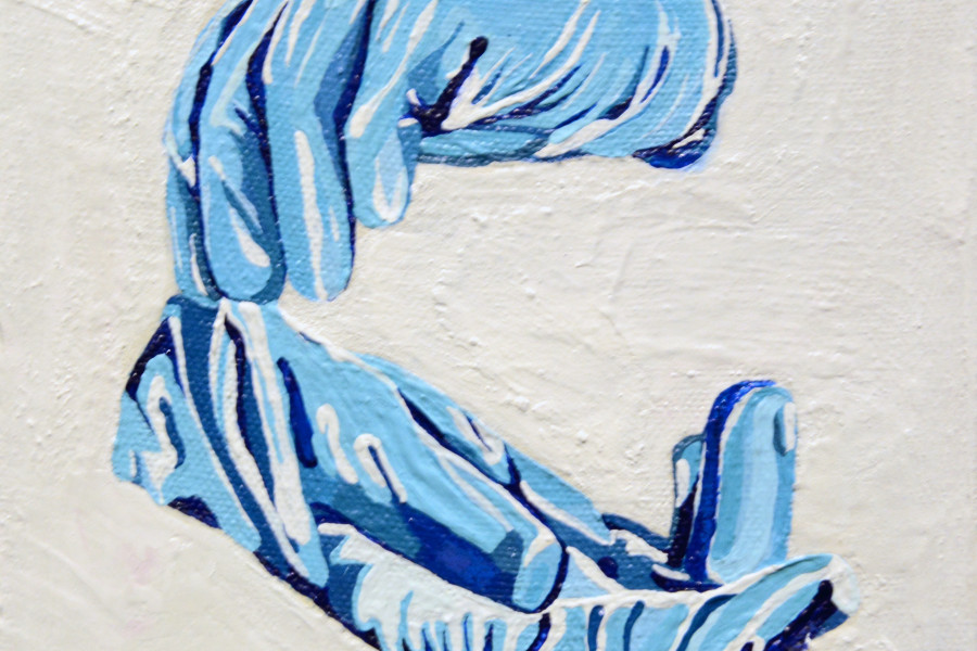 艺术作品由Eva Haykin描绘手放在蓝色外科医生的手套上，援引共享的expe ...