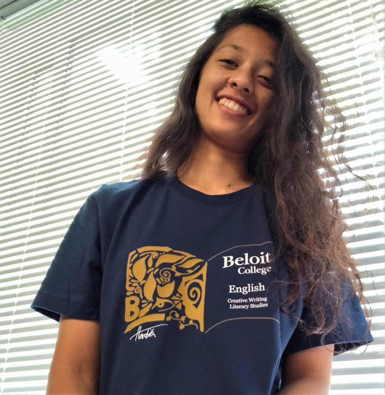 Hardika Kashyap'22, wearing her winning t-shirt design for English students