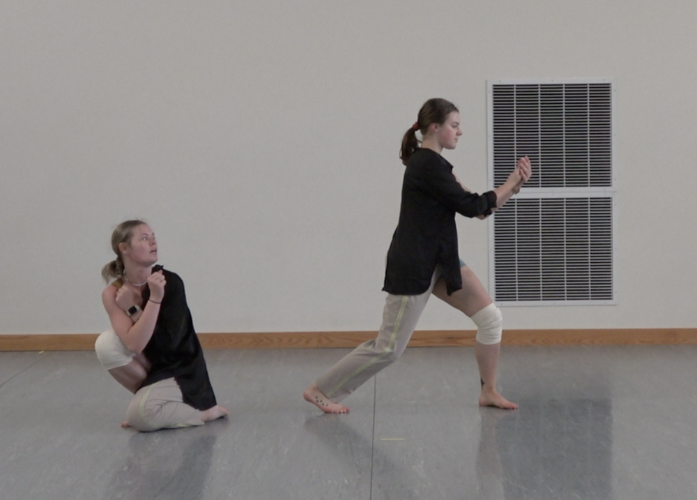 Emma Logas'25 and Kateri Zitzelsberger rehearsing working on Riven in Hendricks Studio 1, as they prepare for the Elgin Fringe Festival.