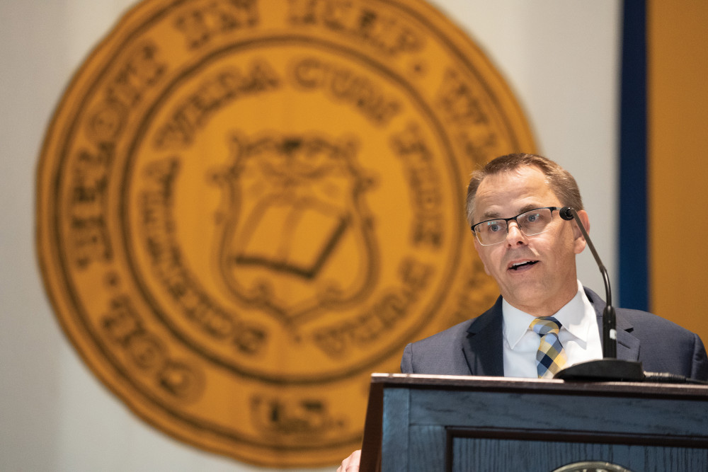 President-Elect Eric Boynton speaks to the college community during an introduction event in May, 2023.