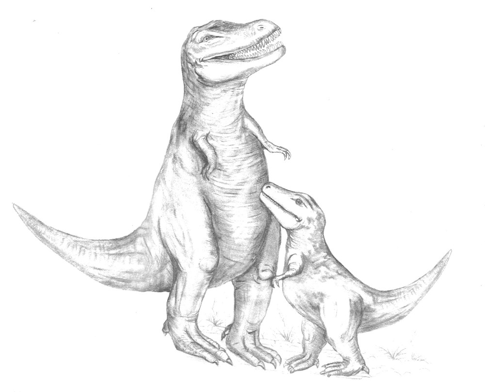 An illustration of a mother tyrannosaurus rex and her child .