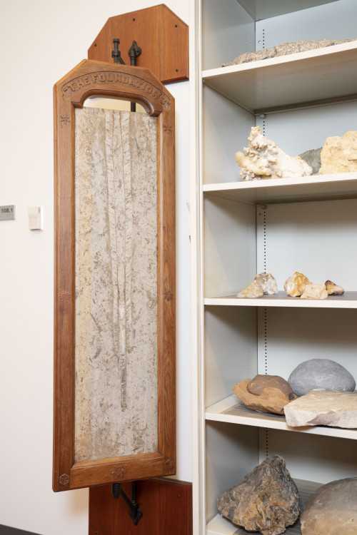一块巨大的、抛光的石板，上面装满了化石，挂在一个不协调的古董木柜里。