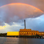 A double rainbow and late afternoon sunshine light up Beloit’s award-winning Powerhouse.